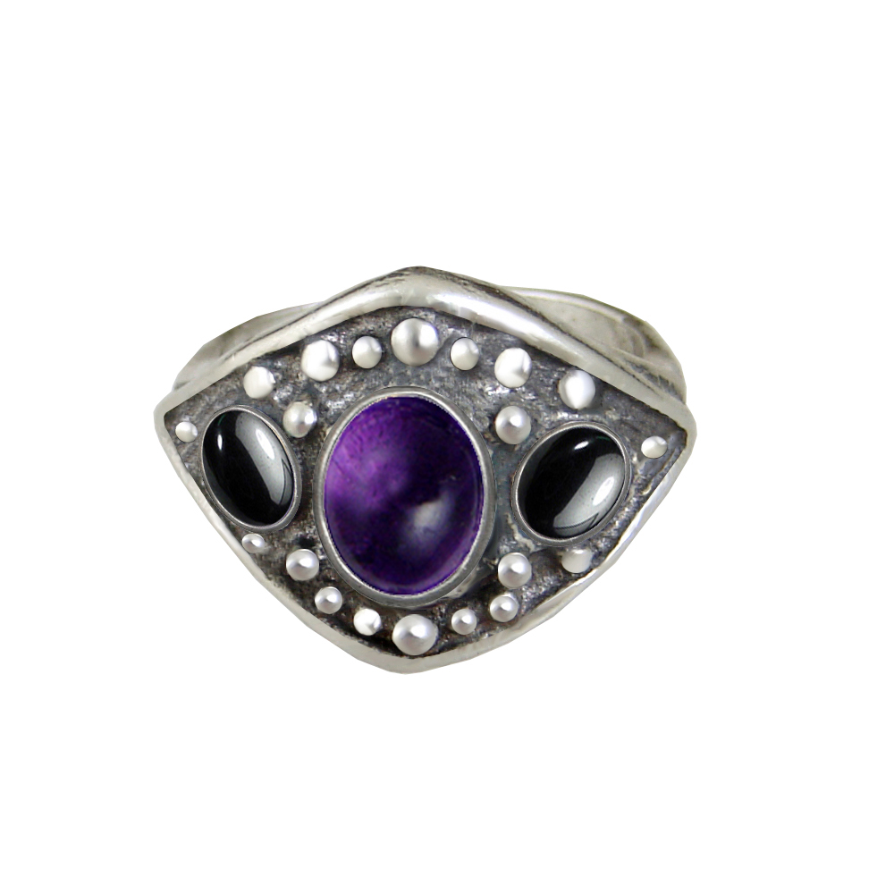 Sterling Silver Medieval Lady's Ring with Amethyst And Hematite Size 9